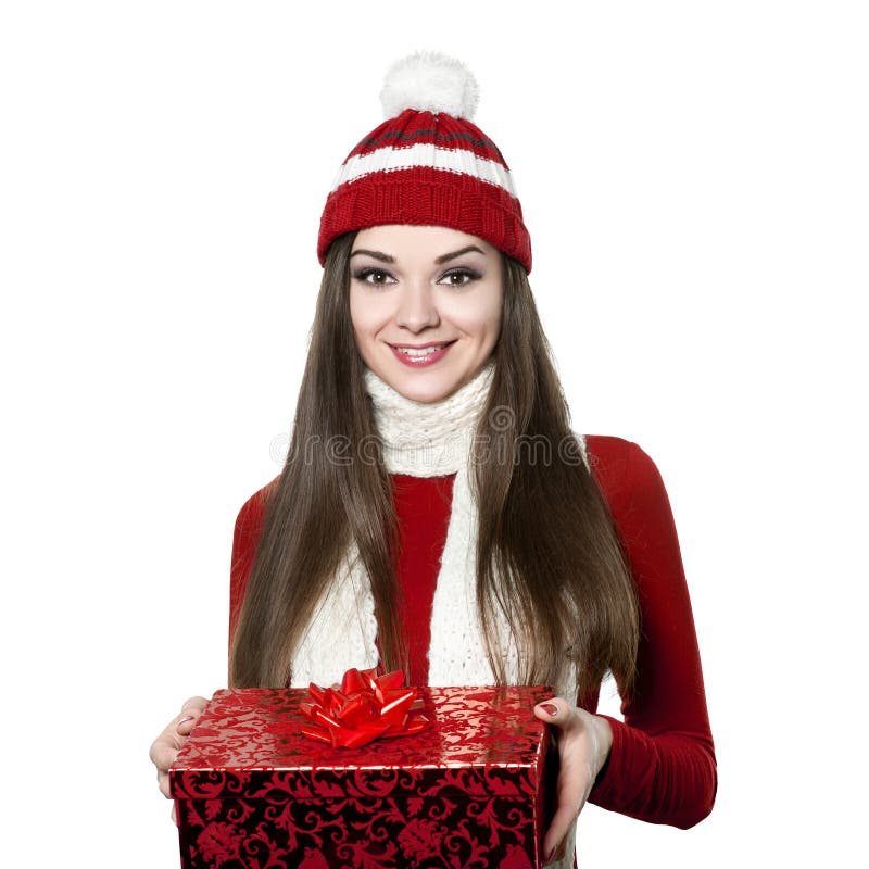 Mooie jonge vrouw met Kerstmisgift op witte bacground royalty-vrije stock fotografie Mooie jonge vrouw met Kerstmisgift op witte bacground royalty-vrije stock fotografie