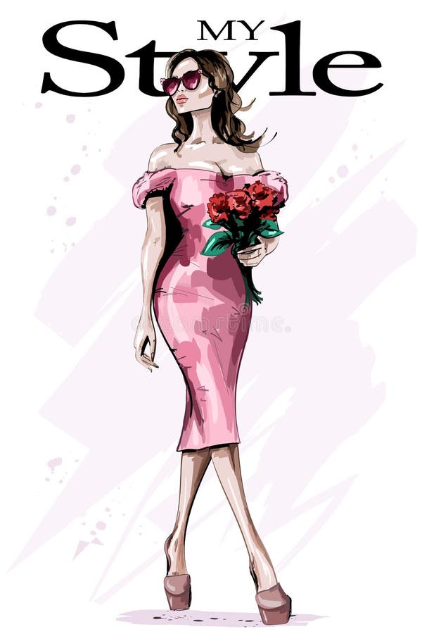 Mooie jonge vrouw in modieuze kleding De vrouw van de manier met bloemen Elegante dame in zonnebril royalty-vrije illustratie Mooie jonge vrouw in modieuze kleding De vrouw van de manier met bloemen Elegante dame in zonnebril royalty-vrije illustratie