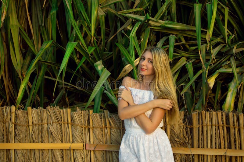 Mooie jonge vrouw in witte kleding die zich dichtbij omheining bevinden stock foto's Mooie jonge vrouw in witte kleding die zich dichtbij omheining bevinden stock foto's