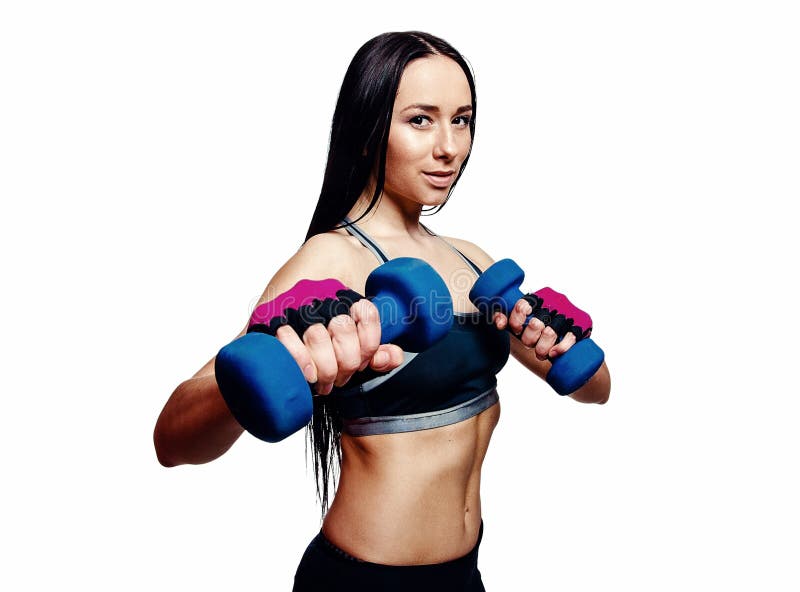Mooie jonge woman do exercises met domoren in studio Sportief atletisch meisje die gewichten opheffen tegen witte achtergrond royalty-vrije stock fotografie Mooie jonge woman do exercises met domoren in studio Sportief atletisch meisje die gewichten opheffen tegen witte achtergrond royalty-vrije stock fotografie