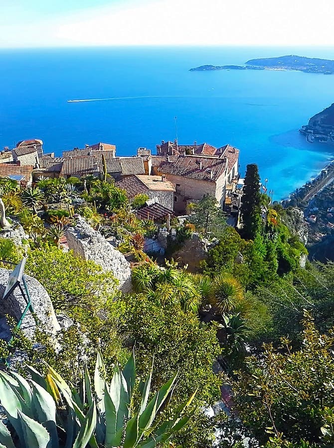 Beautiful view of the village of Eze, a botanical garden with cacti, aloe. Mediterranean, French Riviera, Cote d`Azur, France. Beautiful view of the village of Eze, a botanical garden with cacti, aloe. Mediterranean, French Riviera, Cote d`Azur, France.