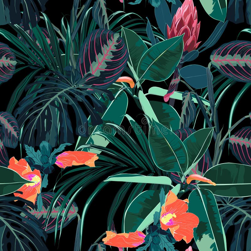 Mooie naadloze bloemenpatroonachtergrond met tropische donkere wildernisinstallaties en bloemen