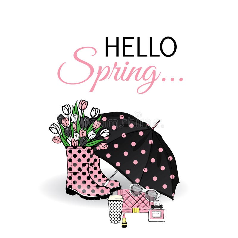 Beautiful umbrella, rubber boots with tulips, bag and lipstick. Vector illustration for a card or poster. Print on clothes. Spring. Fashion & Style. Beautiful umbrella, rubber boots with tulips, bag and lipstick. Vector illustration for a card or poster. Print on clothes. Spring. Fashion & Style.