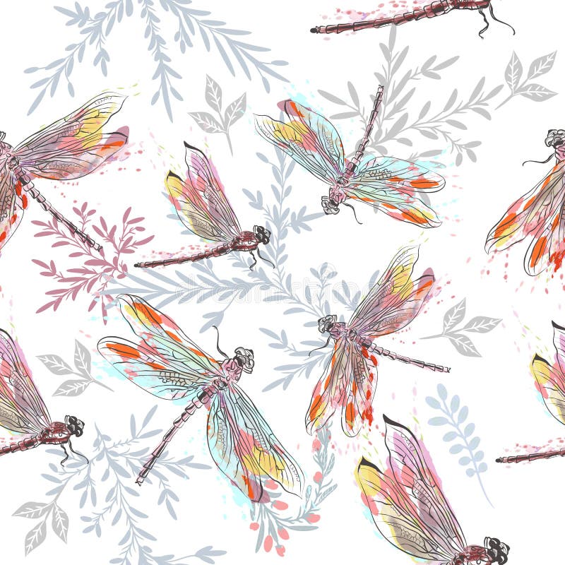 Beautiful pattern or background with dragonfly in watercolor style painted by spots. Beautiful pattern or background with dragonfly in watercolor style painted by spots