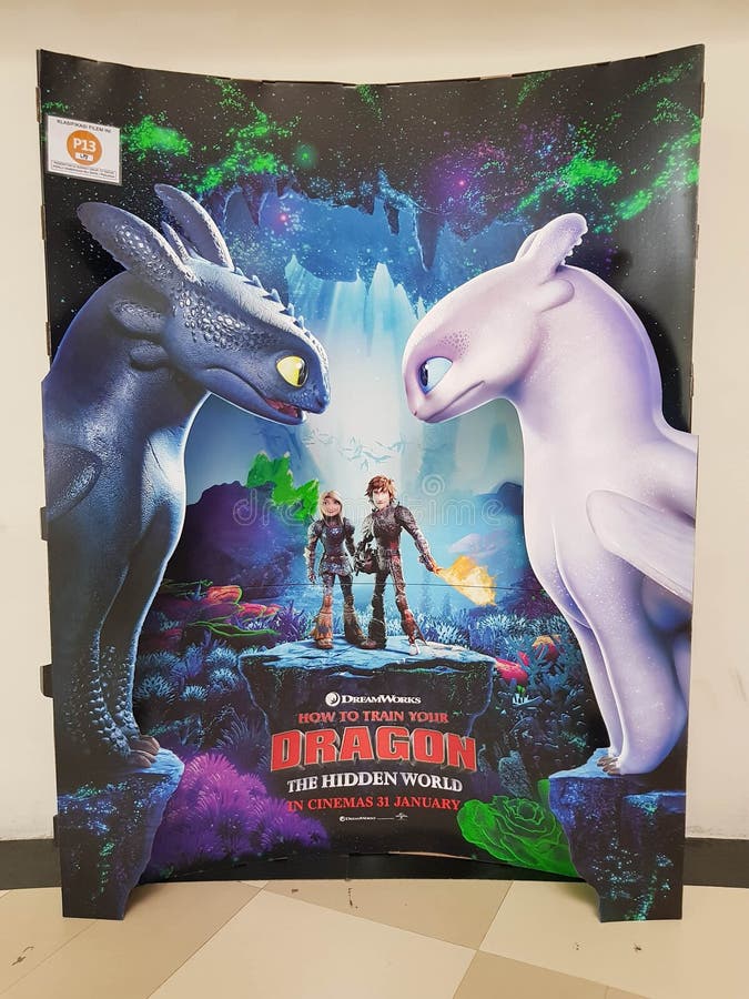 KUALA LUMPUR, MALAYSIA - JANUARY 1, 2019: Beautiful standee of a movie How To Train Your Dragon Hidden World display at cinema theater. KUALA LUMPUR, MALAYSIA - JANUARY 1, 2019: Beautiful standee of a movie How To Train Your Dragon Hidden World display at cinema theater