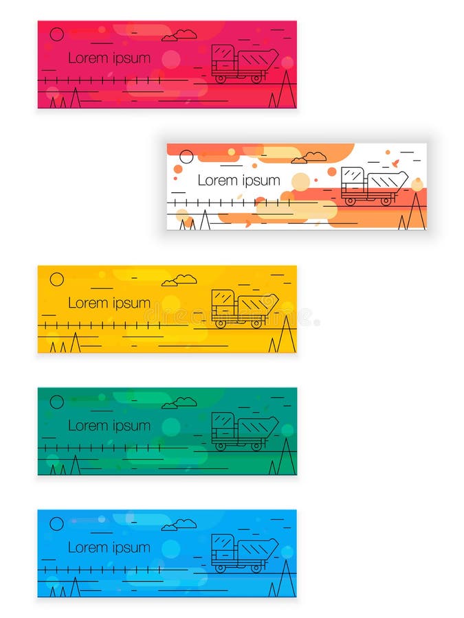 Mooie reeks kleurrijke vlakke vector horizontale banners op het thema: de lijn modern concept van de vrachtvervoerindustrie logis vector illustratie Mooie reeks kleurrijke vlakke vector horizontale banners op het thema: de lijn modern concept van de vrachtvervoerindustrie logis vector illustratie