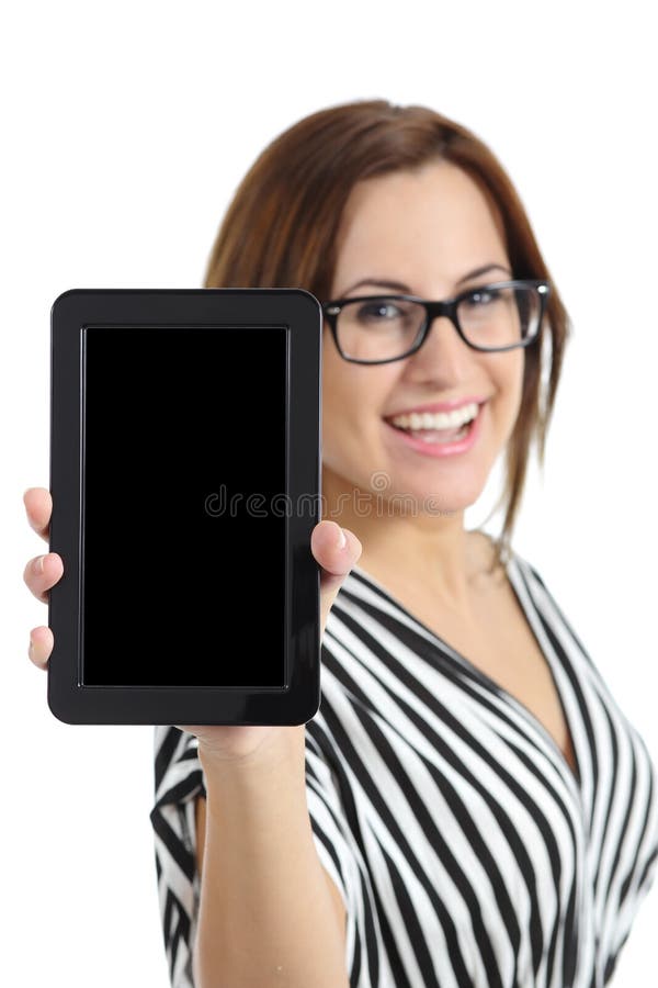 Mooie secretaresse die het leeg scherm van tabletpc tonen stock afbeelding Mooie secretaresse die het leeg scherm van tabletpc tonen stock afbeelding
