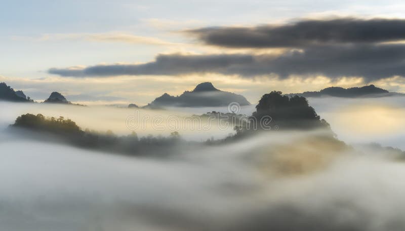 Mooie toneel van mistig in ochtend met zonsopgang bovenop berg a stock afbeelding Mooie toneel van mistig in ochtend met zonsopgang bovenop berg a stock afbeelding