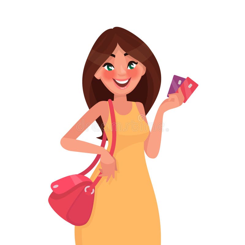 Mooie vrouw die een creditcard in haar hand houden Het winkelen Vec royalty-vrije illustratie Mooie vrouw die een creditcard in haar hand houden Het winkelen Vec royalty-vrije illustratie