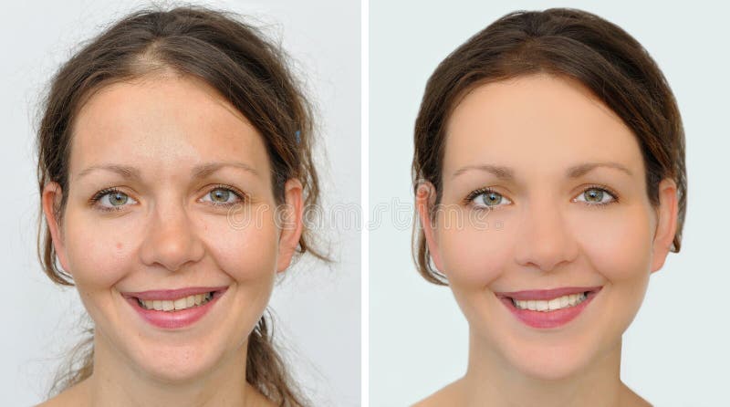 Mooie vrouw before and after het toepassen van samenstelling, het hairstyling en tanden het witten