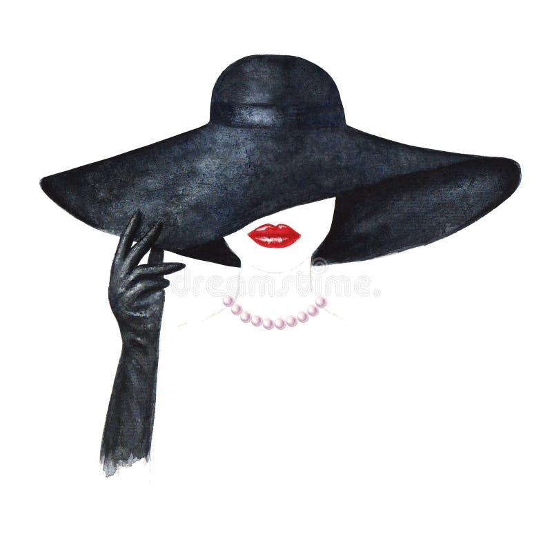 Mooie vrouw met rode lippen, zwarte hoed, hand in zwarte handschoen
