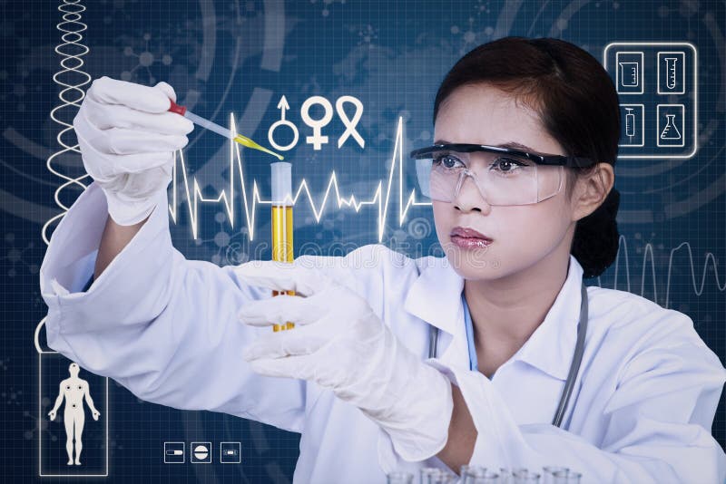 Mooie vrouwelijke wetenschapper die pipet op digitale achtergrond met behulp van stock illustratie Mooie vrouwelijke wetenschapper die pipet op digitale achtergrond met behulp van stock illustratie