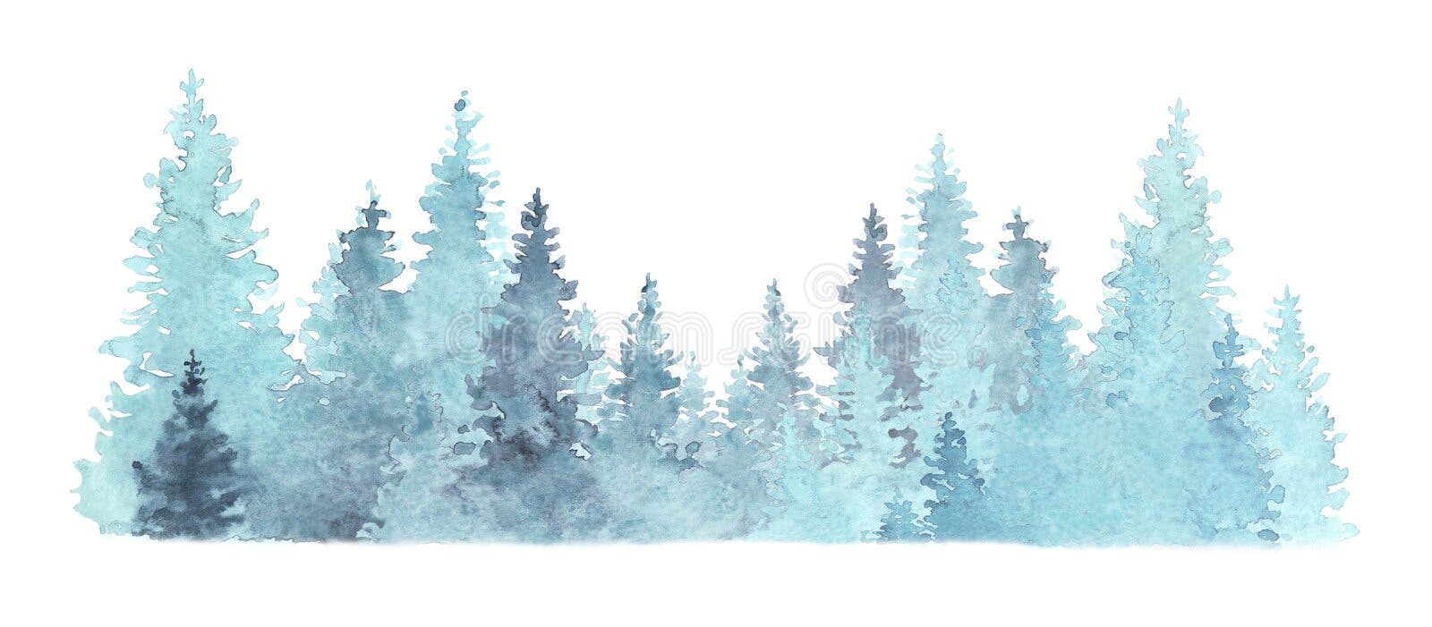 Mooie waterkleurige, naaldbos-illustratie, kerstbomen, winterse natuur, vakantieachtergrond, conifer, sneeuw, uiteinde Mooie waterkleurige, naaldbos-illustratie, kerstbomen, winterse natuur, vakantieachtergrond, conifer, sneeuw, uiteinde
