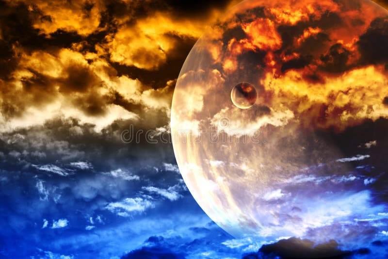Mooie zonsondergang met onweershemel en planeten vector illustratie Mooie zonsondergang met onweershemel en planeten vector illustratie