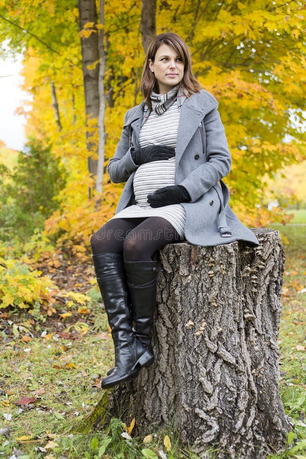 Mooie zwangere vrouw in het de herfstpark stock fotografie Mooie zwangere vrouw in het de herfstpark stock fotografie
