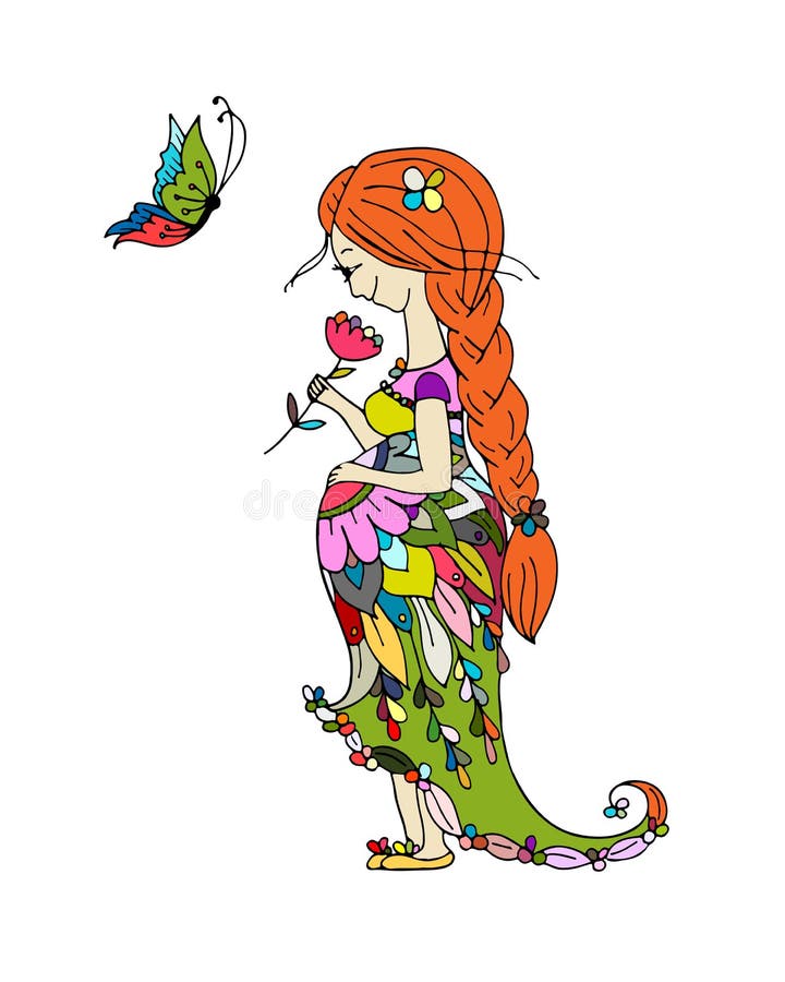 Mooie zwangere vrouw met vlinder, schets voor uw ontwerp vector illustratie Mooie zwangere vrouw met vlinder, schets voor uw ontwerp vector illustratie