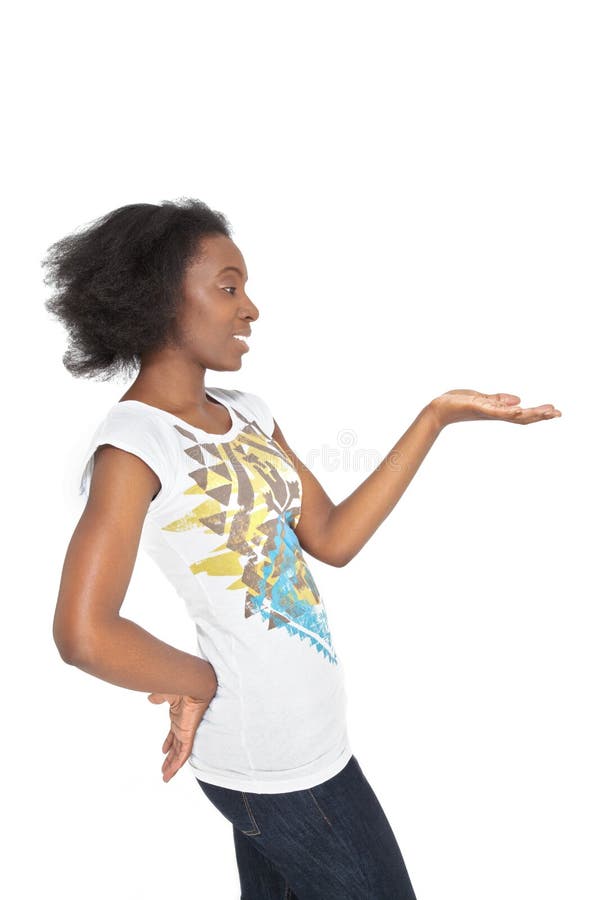 Black woman with her hand up showing a product on a white background. Black woman with her hand up showing a product on a white background