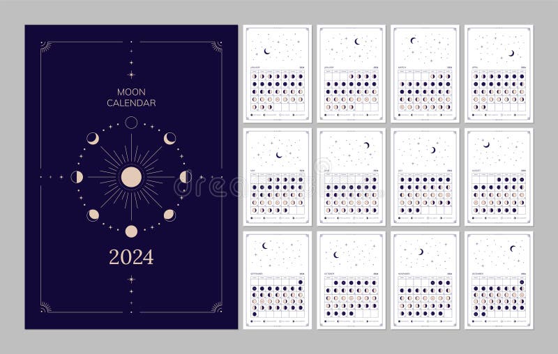 2024 Year Moon Calendar Monthly Cycle Planner Design Template Stock