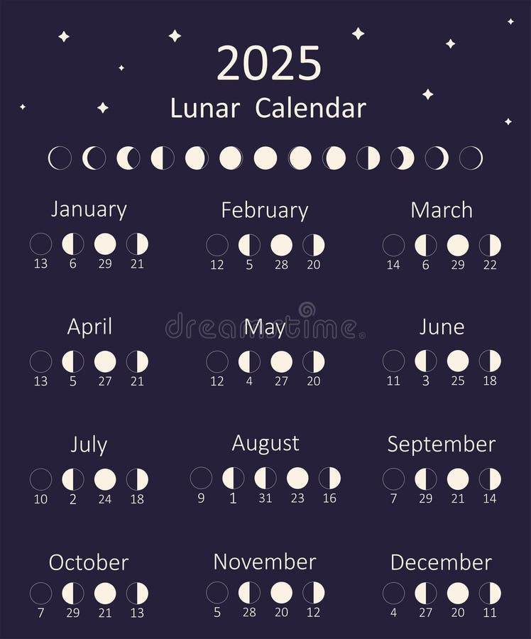 Moon Calendar for 2025 Year. Lunar Calendar Stock Vector Illustration
