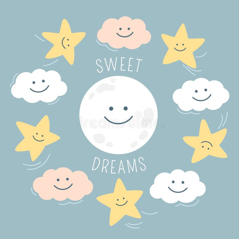 Cute cartoon moon, stars, clouds on the night sky in pastel colors. Nursery illustration.