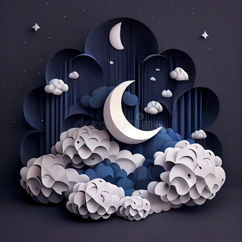 Moon in Clouds, Blue, Paper Art. Illustration AI Generative Stock Illustration Illustration of