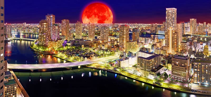 Moon collage of night Tokyo panorama with wide angle aerial view