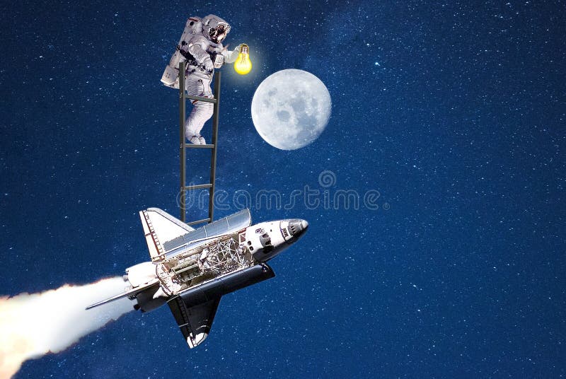 Moon exploration.space man flying on shuttle royalty free stock photography