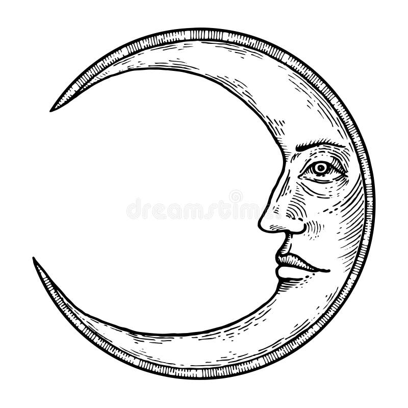 Moon with face engraving vector illustration. Scratch board style imitation. Hand drawn image. Moon with face engraving vector illustration. Scratch board style imitation. Hand drawn image.