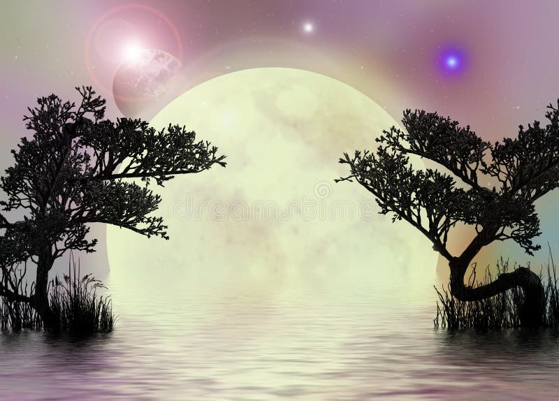 A fantasy background with the moon and trees reflecting in the water. A fantasy background with the moon and trees reflecting in the water