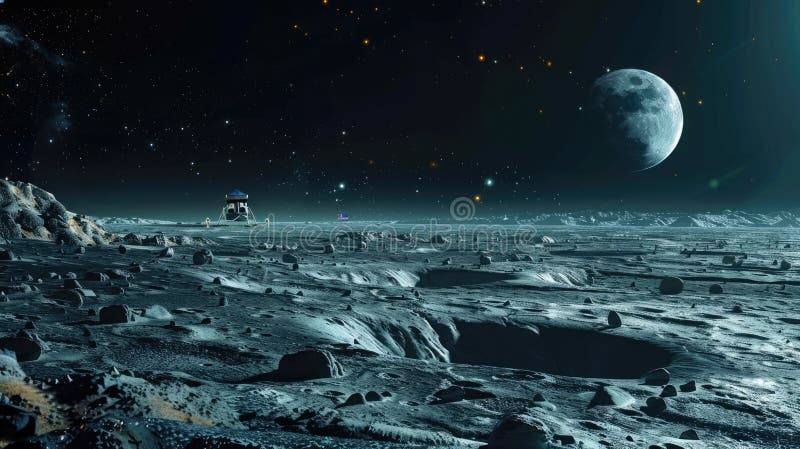 Moon horizon panorama featuring a space module and astronauts in the distance, showcasing the vast and desolate beauty royalty free stock photo
