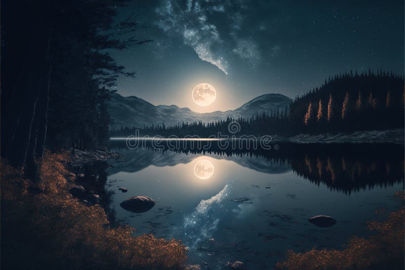 Moon Light at Lake Shining Moon at Night AI Generated Stock Image