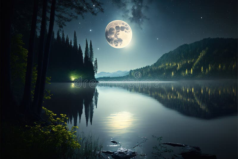 Moon Light At Lake Shining Moon At Night AI Generated Stock Photo moon-light-at-lake-shining-moon-at-night-ai-generated-stock-photo