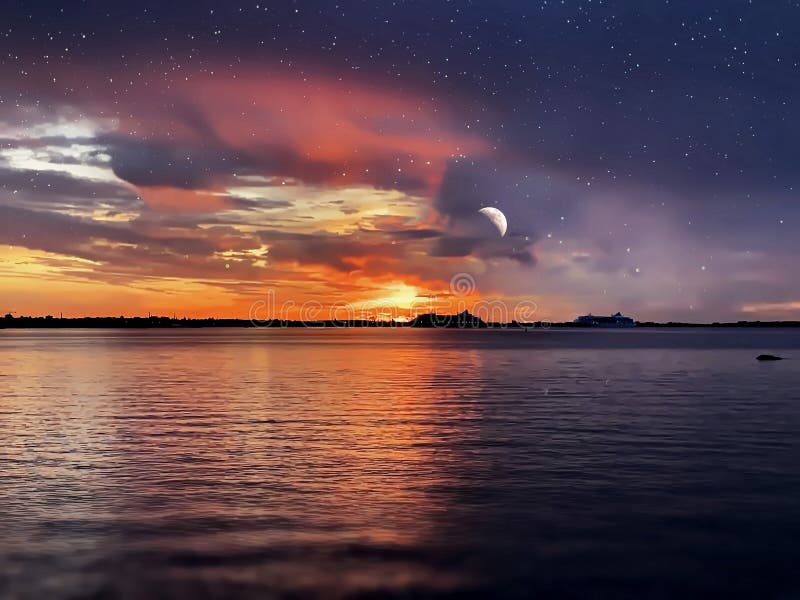 Moon, moo starry sky night dark dramatic blue lilac gold orange sunset at sea water reflection boat on horizon in harbor nature l