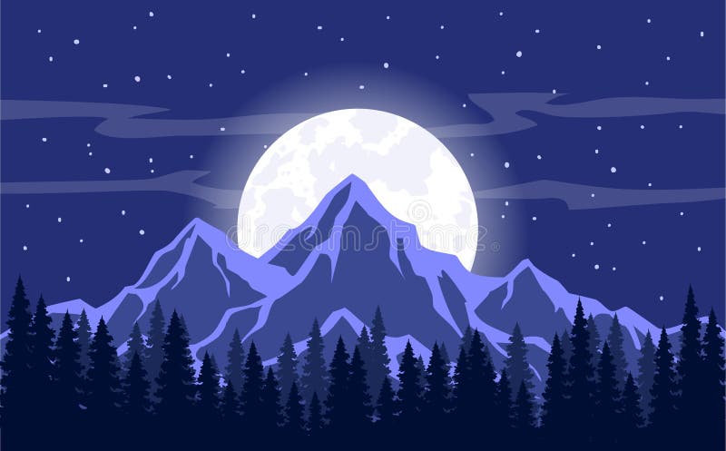 Moon, Moonlight, Rocky Mountains and Pine trees forest Background Vector Illustration