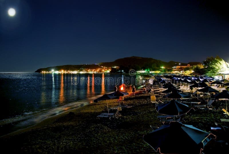 Moon Night at the Greek Beach. Stock Photo Image of light, european