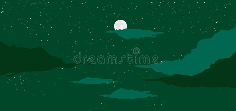 Moon on Night Green Background. Northern Lights Bright Space ...