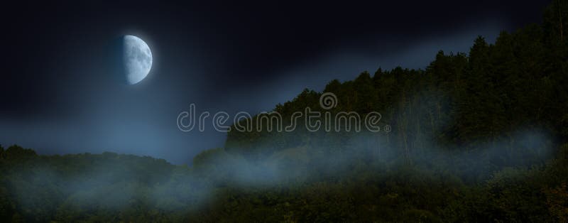 Moon at night, starless sky. Fog over mountain woodland