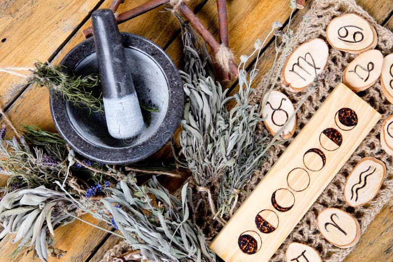 Moon Phases and astrological symbols with herb witch mortar and pestle, with branch pentagram and dried herb bundles on rustic wooden background