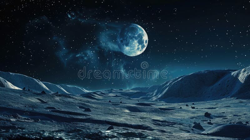 The moon's vast and desolate beauty, Panoramic view of horizon with space module and distant astronauts. Moon royalty free stock photo