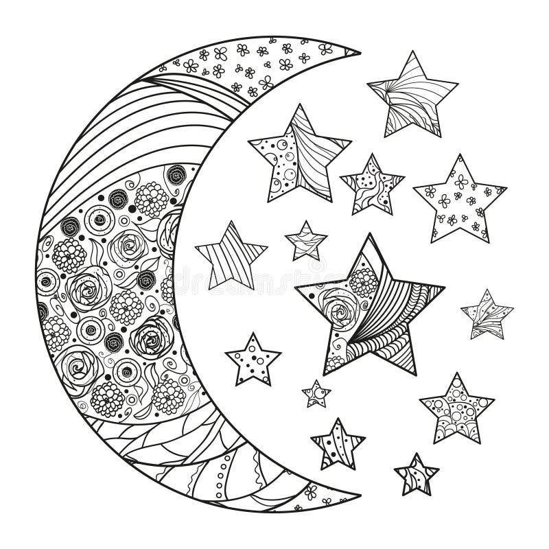 Vector Doodle Elements of the Night Sky. Stars, Sun and Moon. Stock ...