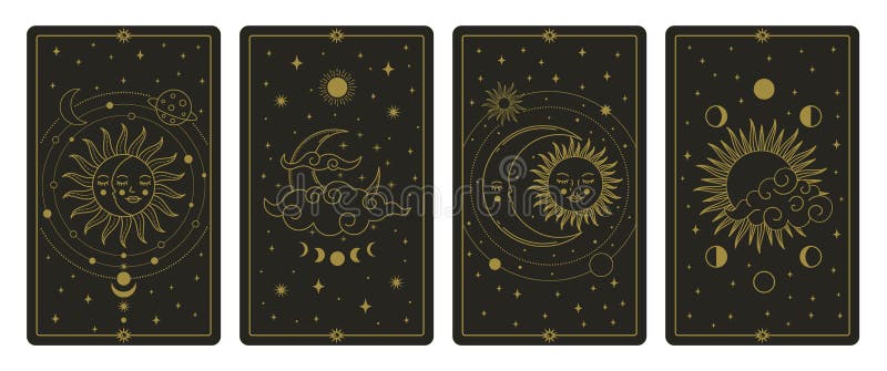 Moon and sun tarot cards. Mystical hand drawn celestial bodies cards, magic tarot card vector illustration set. Magical