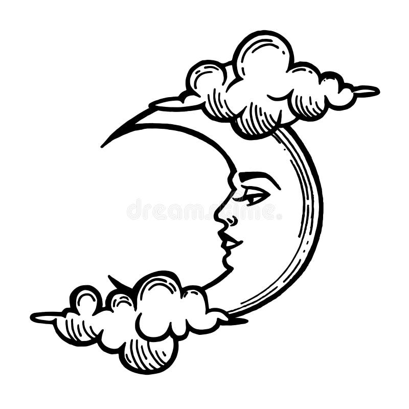 Moon Tattoo. Moon with Face Stylized As Engraving Stock Vector -  Illustration of fantasy, mystery: 195051575