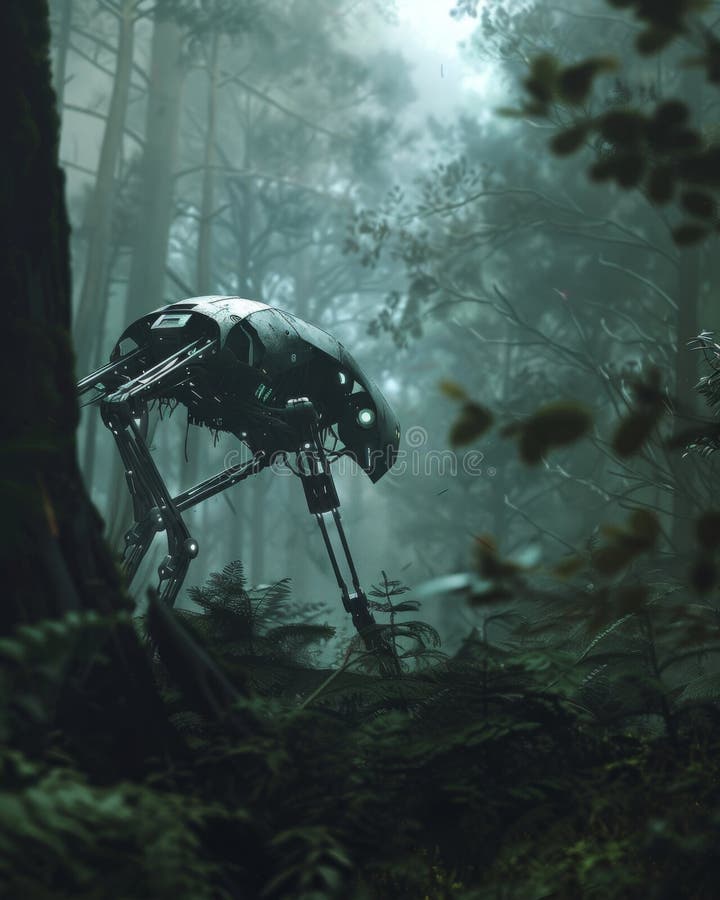Moonlight filters through the forest highlighting a robot wolf on the move with a tracker in pursuit vector illustration