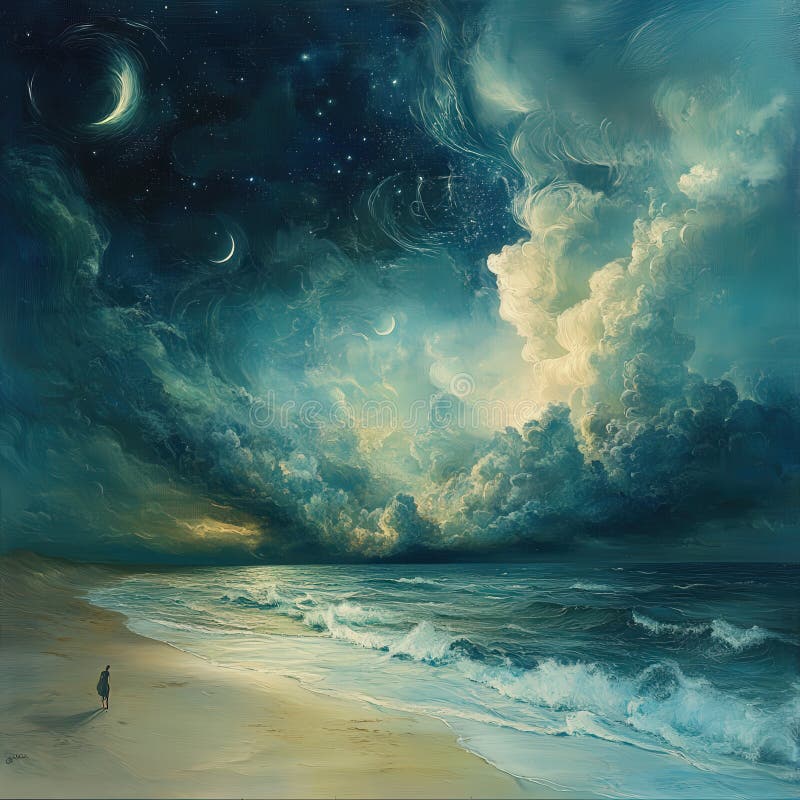 Moonlit Beach Scene with Dramatic Clouds and Stars stock photography