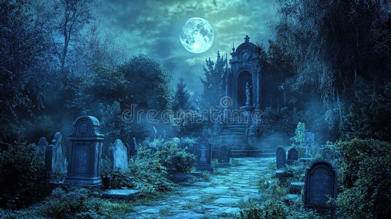 Moonlit cemetery pathway with mystical blue light stock photography