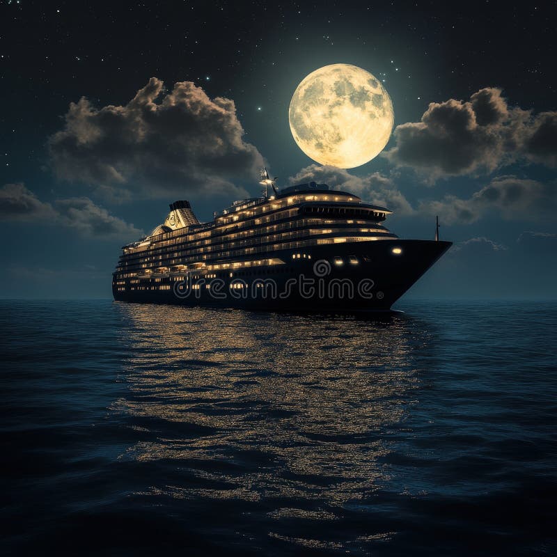 Moonlit cruise ship sailing through the night sky stock image