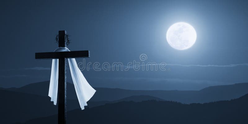 Moonlit Easter Morning Christian Cross Concept Jesus Risen at Night. This photo illustration is a new concept on Easter Morning in which Jesus has risen in the royalty free stock photography