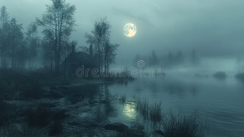 Moonlit foggy lake with cabin and trees royalty free stock image