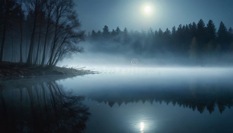Moonlit Foggy Lake Scene stock photo