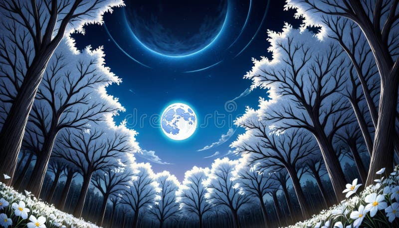 Moonlit Forest with Frosted Trees and Full Moon royalty free stock images
